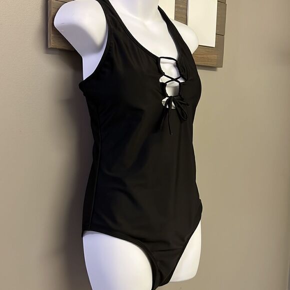SHEIN Black One Piece Plunging Neckline with Tie and Razorback Swimsuit- Large - Picture 5 of 15